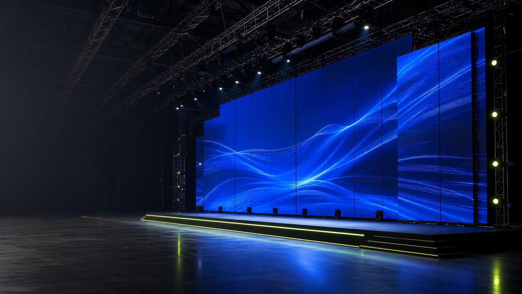 Illustrative corporate event stage with a seamless large-format LED wall.